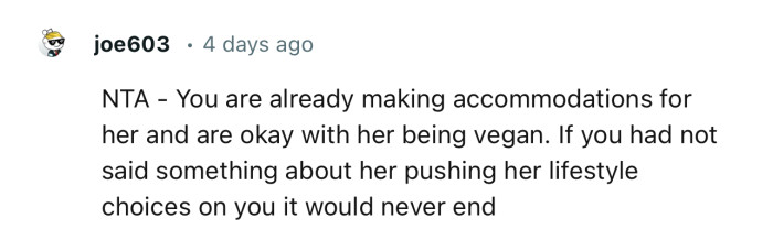 “NTA - You are already making accommodations for her and are okay with her being vegan.”