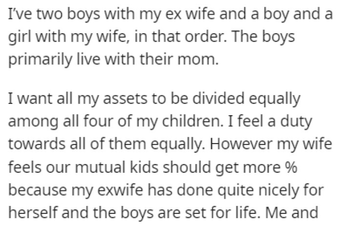 OP has two boys with his ex-wife and also has a boy and a girl with his current wife