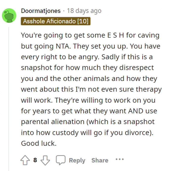 NTA, they set OP up. This Redditor agrees that the spouse is to blame for all this.