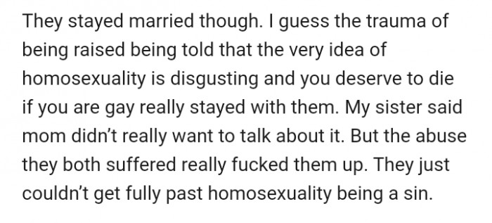 She explained that her parents grew up in a very religious community where homosexuality was seen as deserving of death.