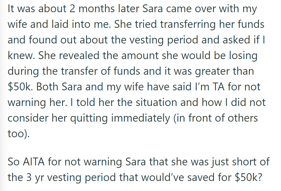 Sara revealed a $50k loss due to vesting when transferring funds; she accused him of not warning her, but he cited her abrupt departure.