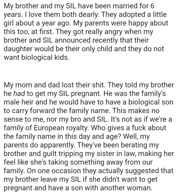 OP's brother announced recently that their adopted daughter would be their only child