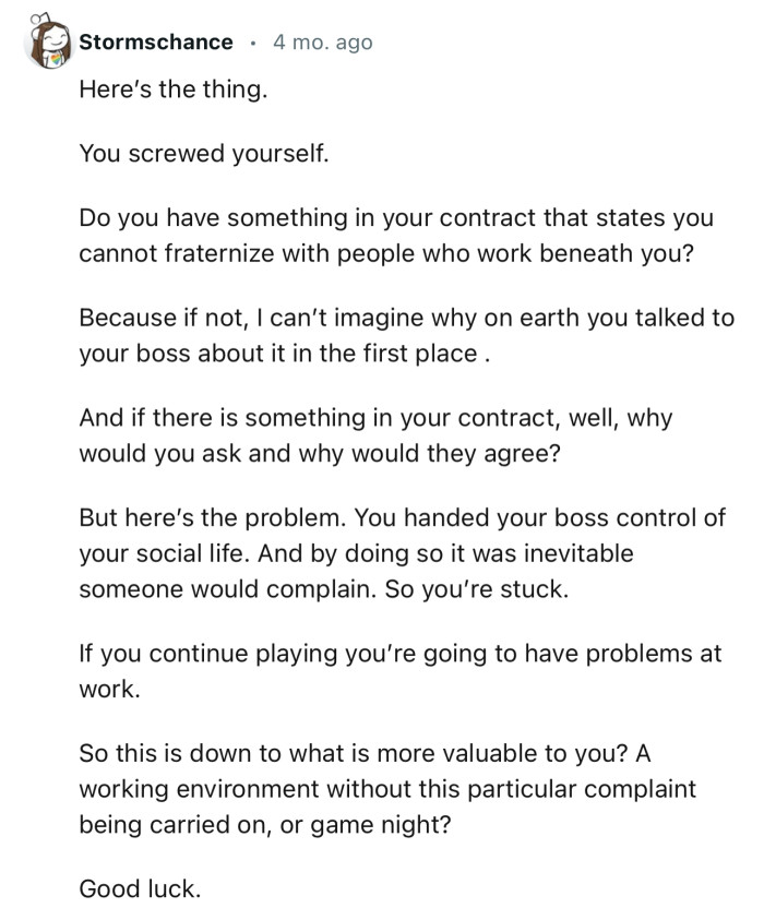 Probably OP shouldn’t have talked to their boss about the game in the first place