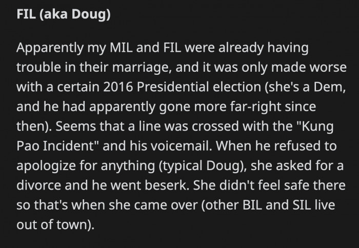 OP's FIL refused to apologize for anything and got aggressive when MIL asked for a divorce.