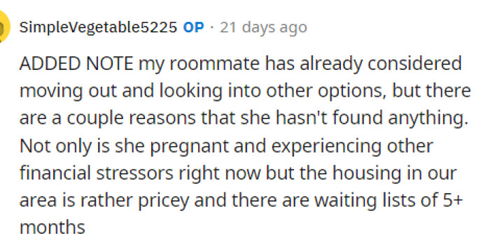 OP then came into the comments to provide everyone with a bit more information on the roommate situation and just how strained their relationship has been.