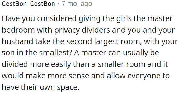 OP should consider offering the master bedroom to the girls for added privacy.