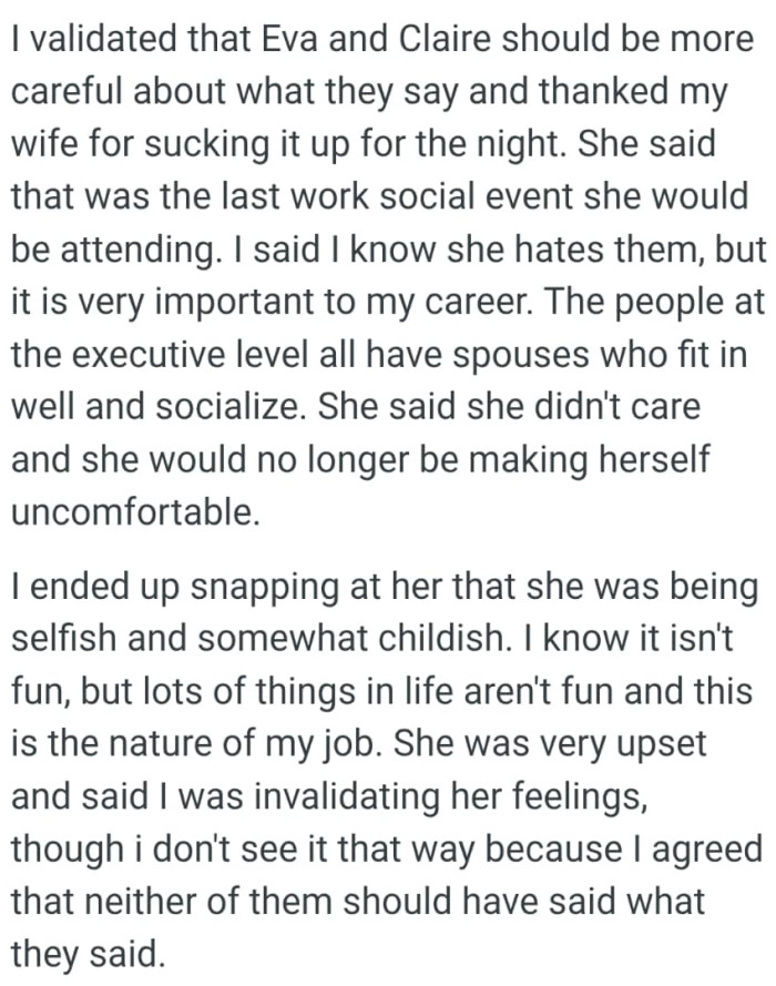 The people at the executive level all have spouses who fit in well and socialize