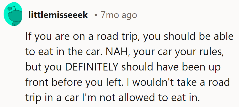 Car eats on a road trip? Drive-thru drama! NTA, but clarity is key before the journey begins.