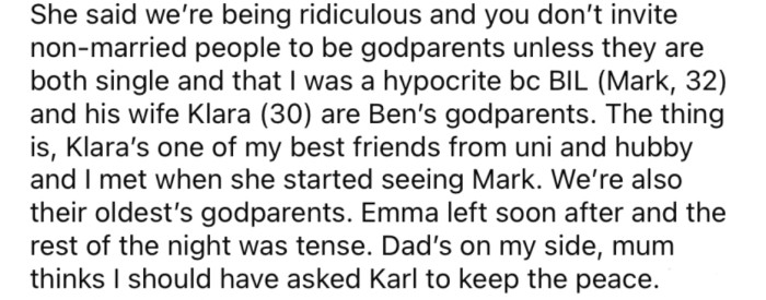 The OP's sister said it was ridiculous to have godparents who are not married.