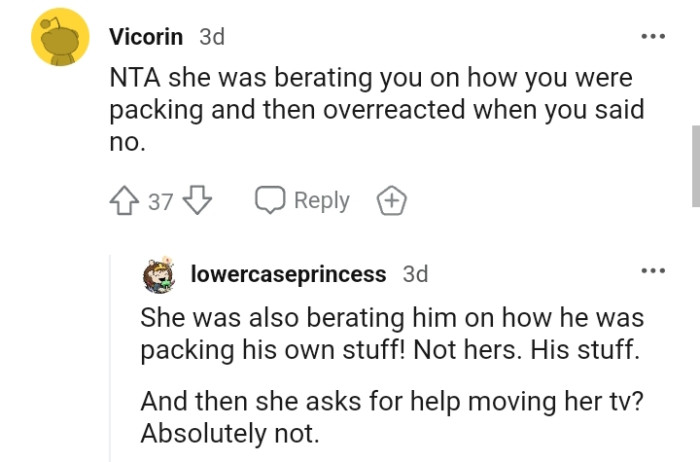 She also berated how the OP packed his own things