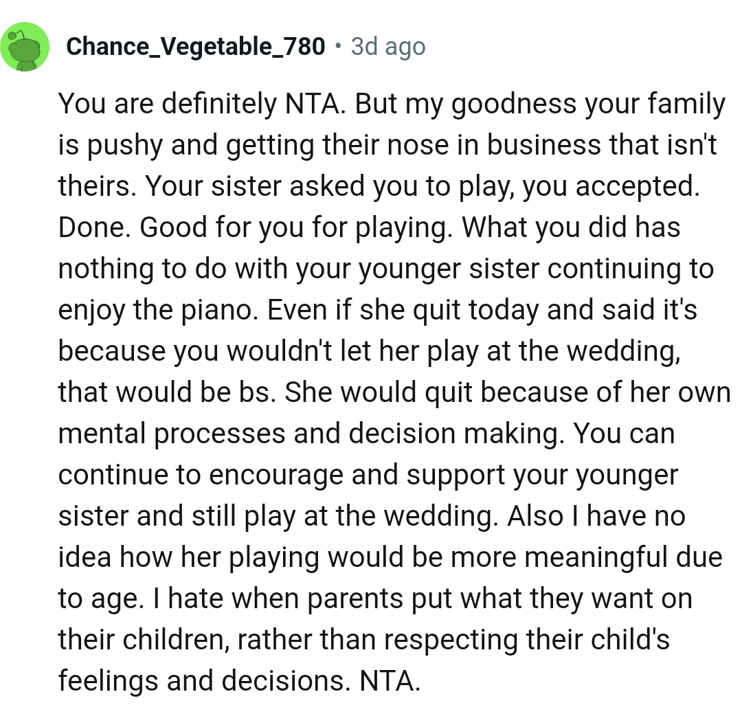 OP's family is pushy, but this Redditor is happy the OP played it