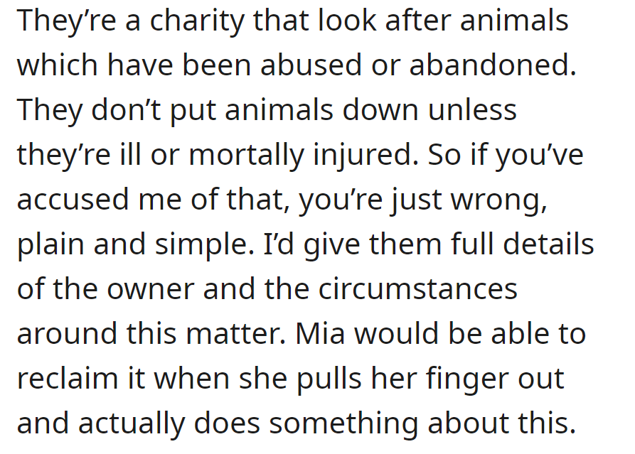 OP plans to provide details for Mia to reclaim the cat when she takes action.