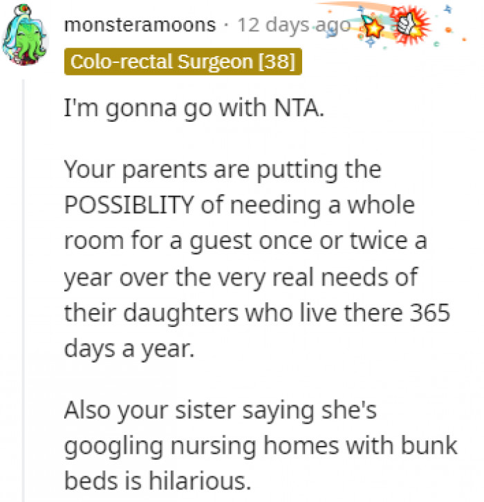 The sister's comment is hilarious