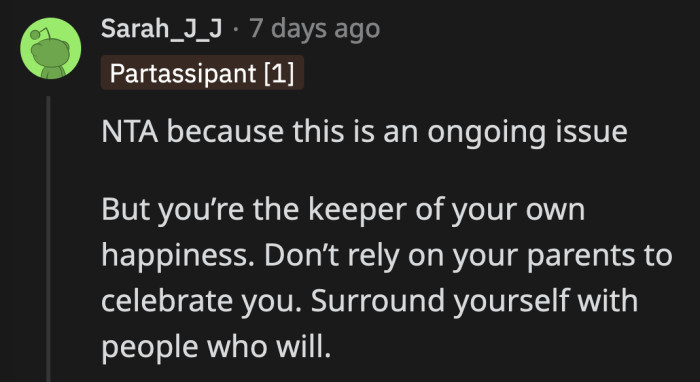 OP now has an obligation to herself to make up for all the birthdays her parents failed to give her. She has the agency to fill her birthdays with happiness around the people who care for her.