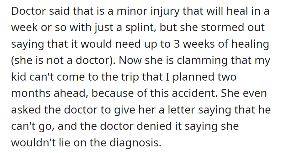 The child sustained a minor finger injury; the doctor says a week with a splint is sufficient. OP's ex insists on 3 weeks and tries to cancel their trip, but the doctor refuses to provide a false note.