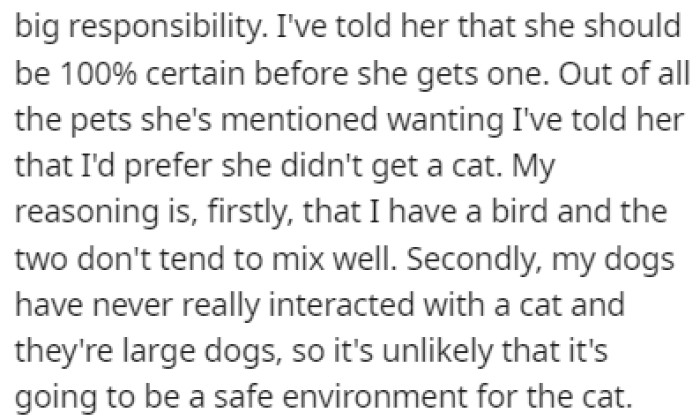 OP explained to her that she shouldn't get a cat