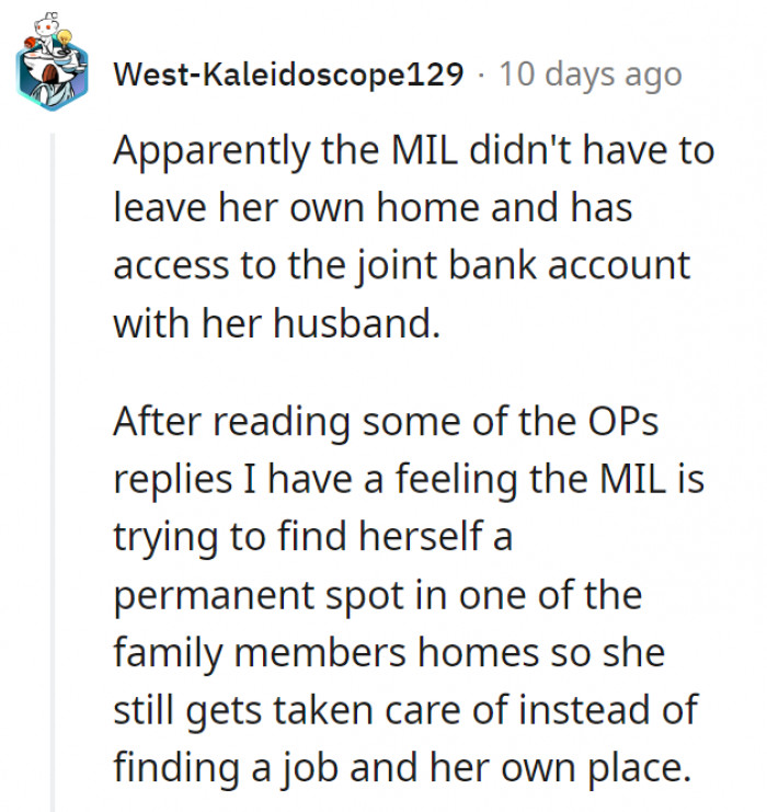 11. It seems like MIL just wants to sit pretty and be taken care of by other people.