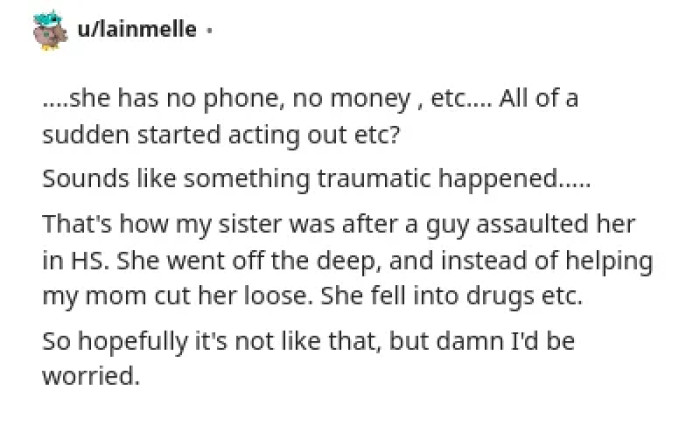 The parent reflects on possible missed signs leading to the daughter's disappearance