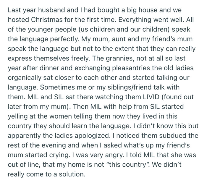 Last year’s Christmas party at OP’s house was one to forget as MIL and SIL slammed the older women for speaking their native language