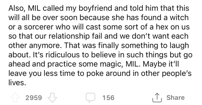 Later, the OP's MIL called her son and told him she was going to have a sorcerer cast a spell to stop him from being gay.
