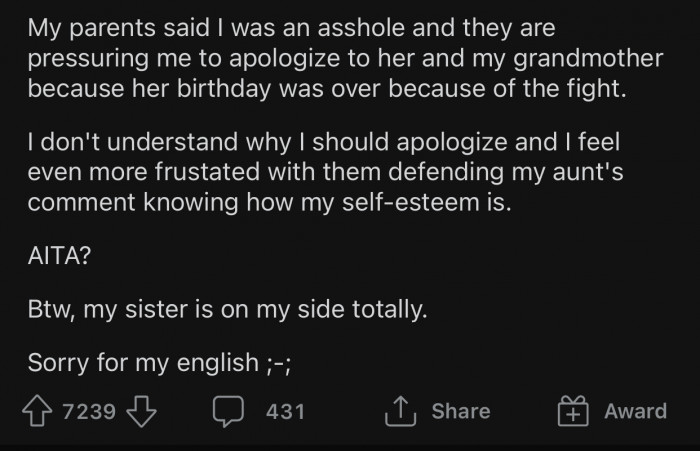 OP's parents made her doubt her actions, so she decided to ask the Reddit community.