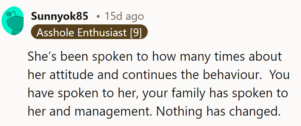 How many talks? Still no change. Time's up. She’s had enough chances.
