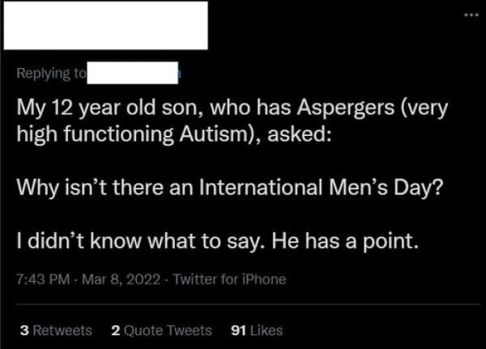 37. Yeah, men need a special day. We are so endangered. Poor little us.