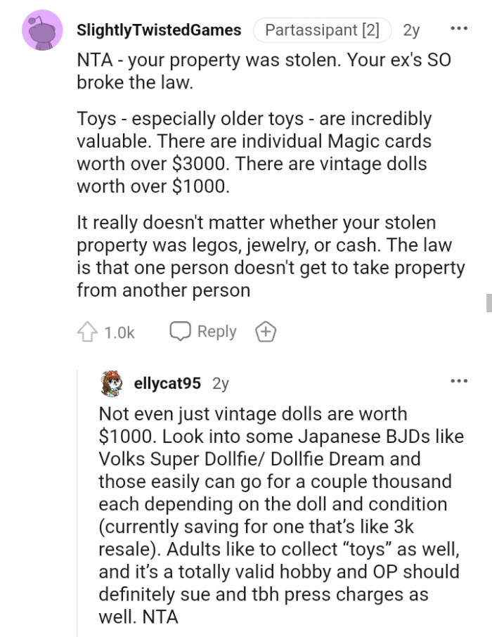 OP's property was stolen meaning ex's boyfriend broke the law