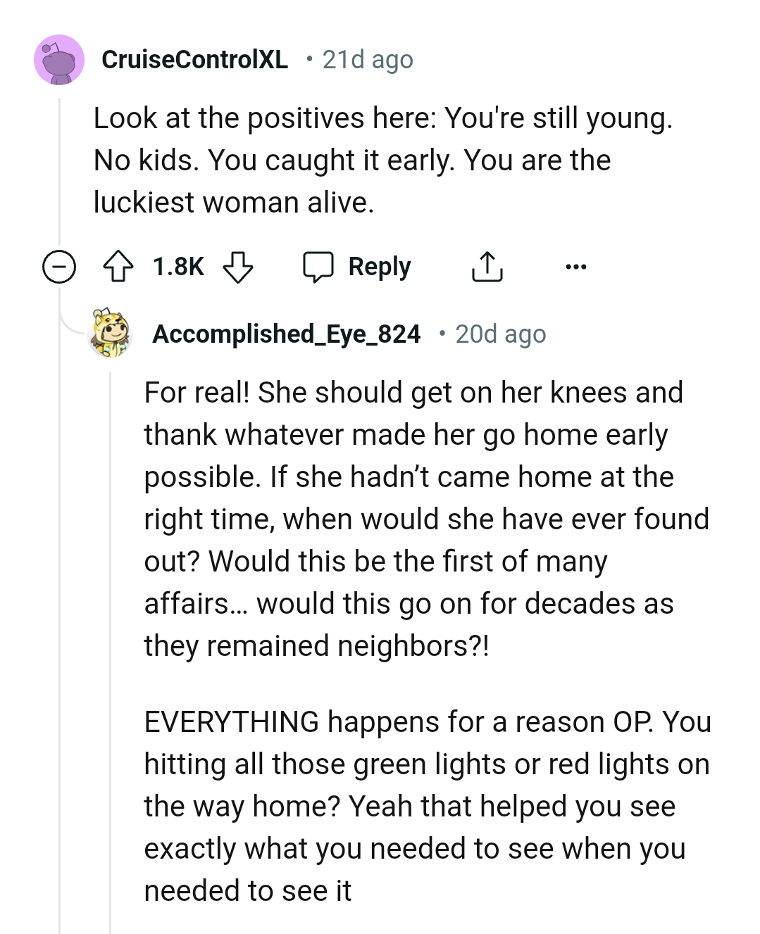 She should thank whatever made her go home early