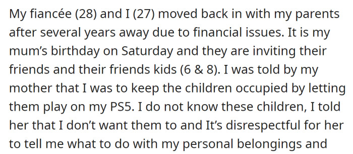 The OP's mother instructed him to allow their guest to play on his PS5, but he refused, and they argued: