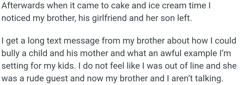 The family left the event feeling embarrassed, and you believe they gave OP a piece of their mind later on