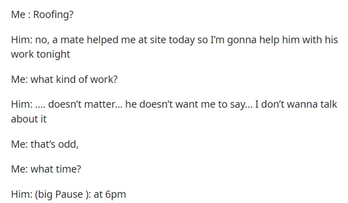 When questioned about his evening plans, her partner avoided revealing the nature of the job, leaving her with lingering curiosity and uncertainty about the situation.