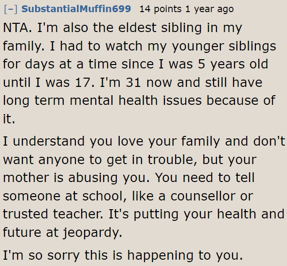 One concerned Redditor told the OP about the long-term effects of parentification on mental health.