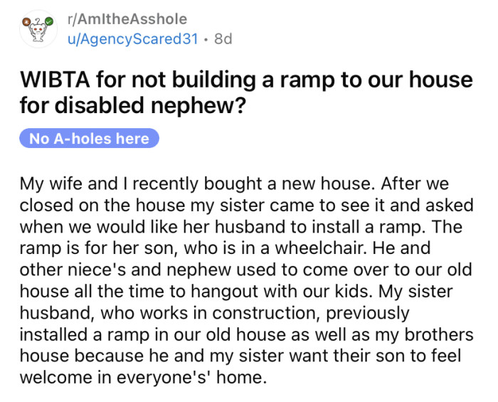 The OP shared a story about a dilemma he is facing concerning his nephew who is in a wheelchair.