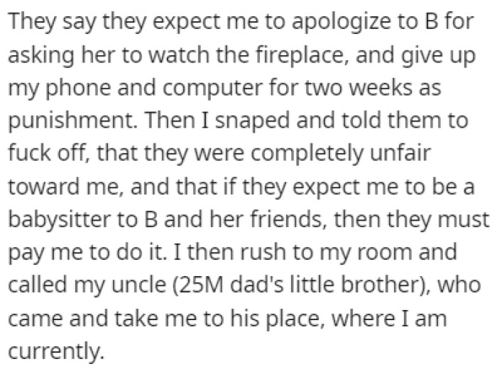 OP snapped, cussed out her parents, and called her uncle to come pick her up