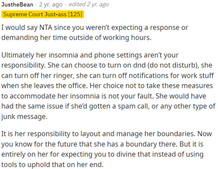 Her insomnia and phone settings are her responsibility.