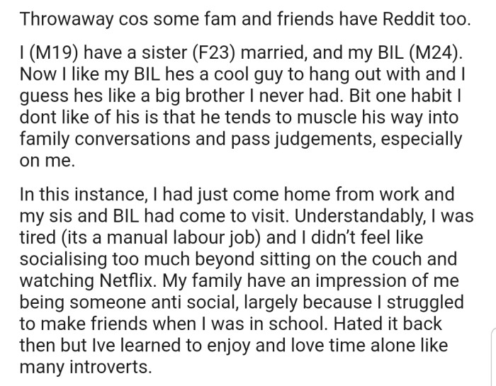 OP explained that he has a BIL whom he considers a big brother, but he has a habit of muscling his way into family conversations and passing judgment.