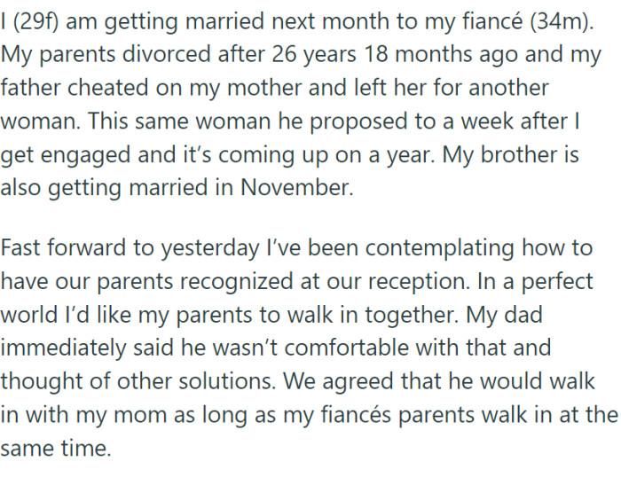 OP is getting married and she wants her parents to walk in together