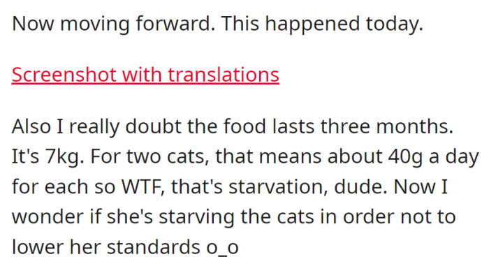 A troubling screenshot showed inadequate cat food, sparking concern about potential neglect driven by high standards.