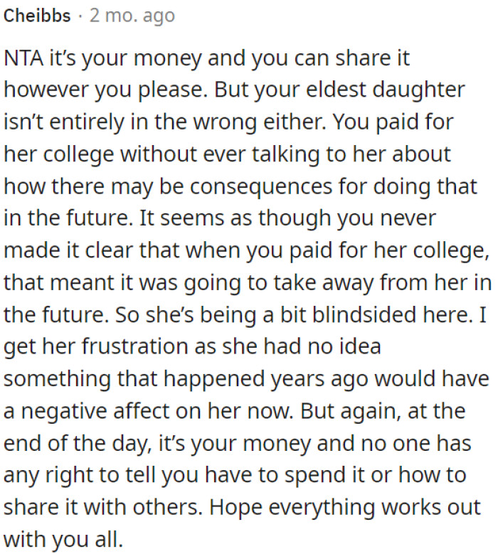 The decision on how to use her money is OP to make