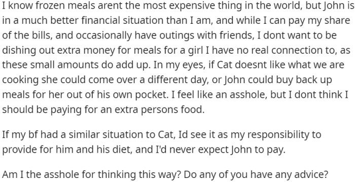 Financial imbalance and lack of personal connection make OP hesitant to contribute extra money for meals for Cat