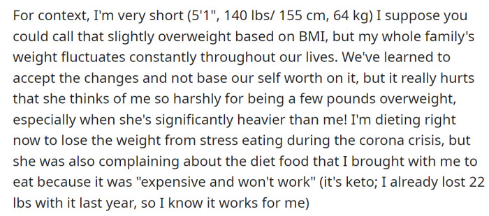 The OP said that she might be a bit heavier, but her mother-in-law is significantly heavier: