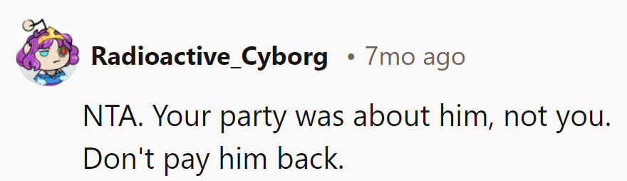 His party, his tab. No need for repayment; it's his production!