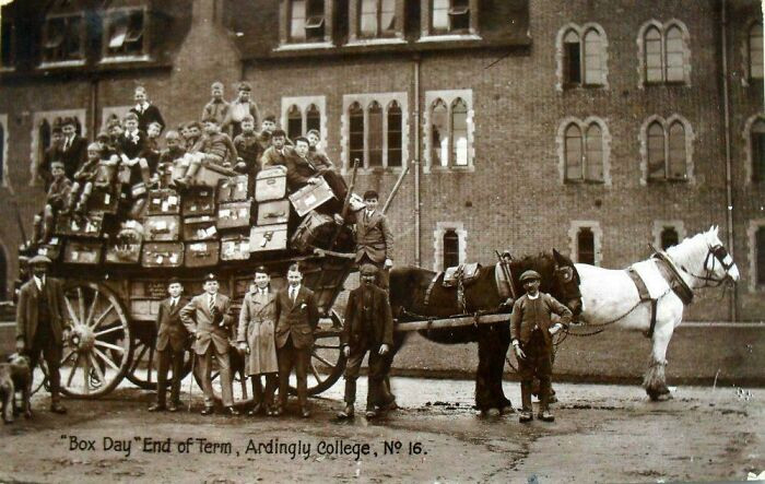 "End Of Term At Ardingly College, England. The Boys Are Sitting On A Pile Of Luggage"