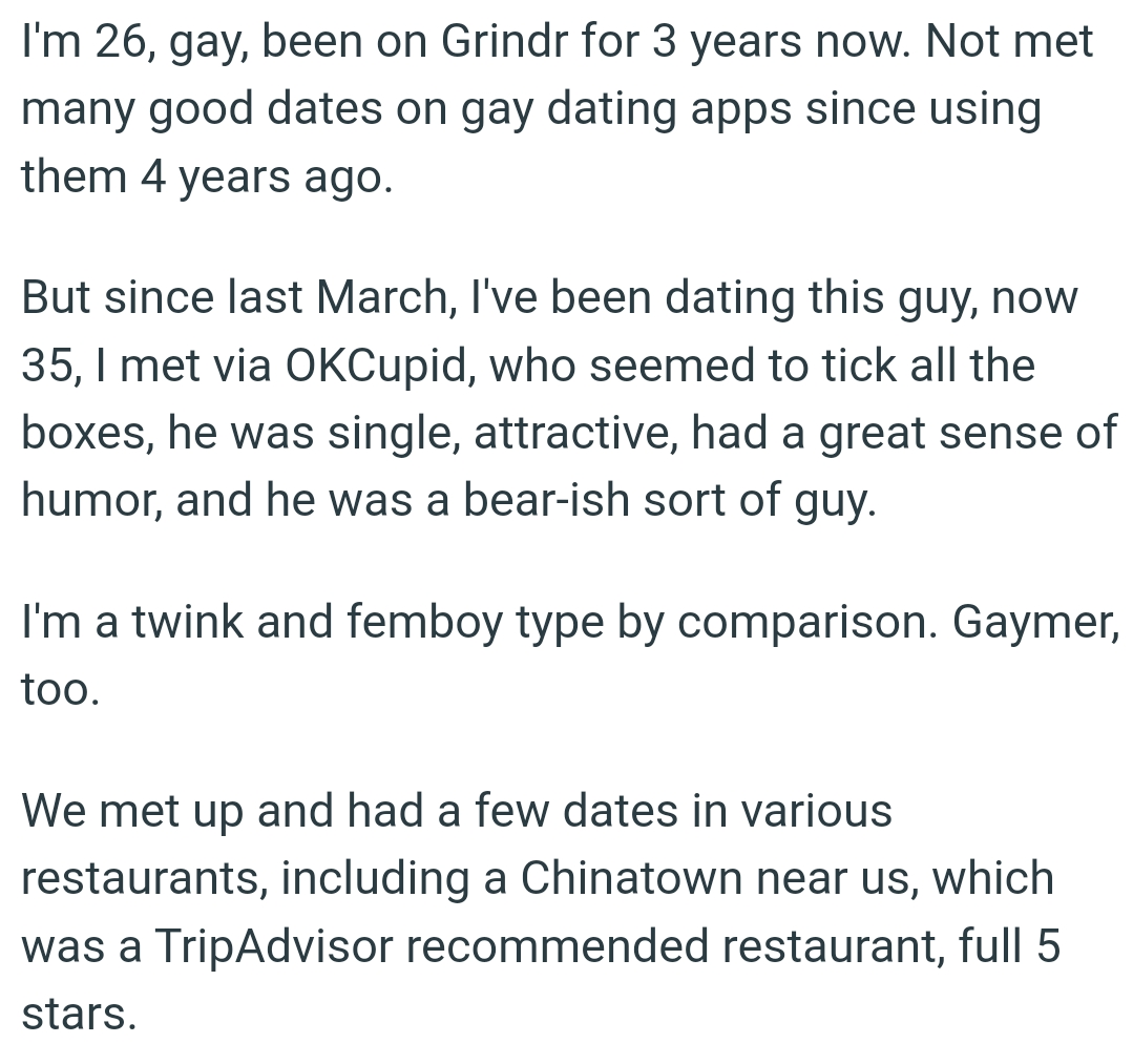 The OP's been dating a guy that he met via OKCupid