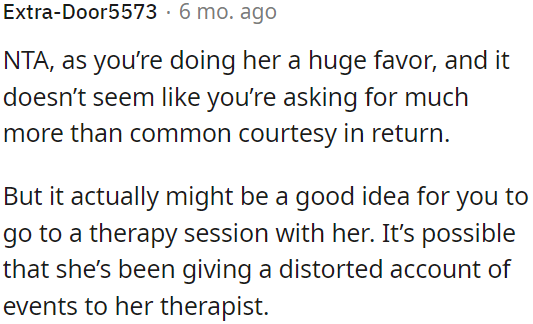OP could consider attending a therapy session together to ensure an accurate account of events is being shared with her therapist.