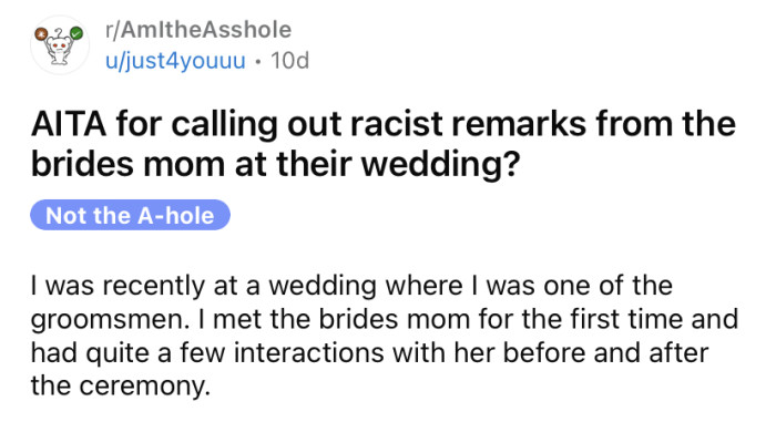 The OP shared a story about what happened when he called out some racist remarks.