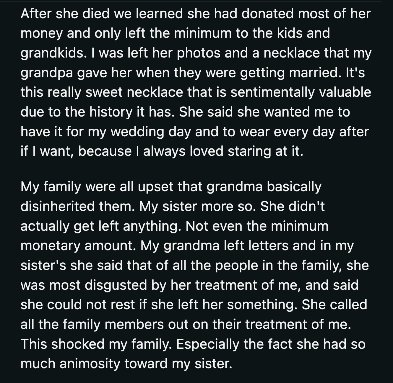 Having learned nothing from their grandma's letter, OP's sister expressed her interest in wearing the heirloom necklace at her wedding.