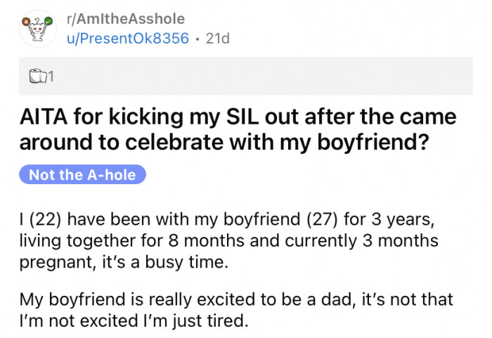 The Reddit user explained that she and her boyfriend are currently expecting a baby.
