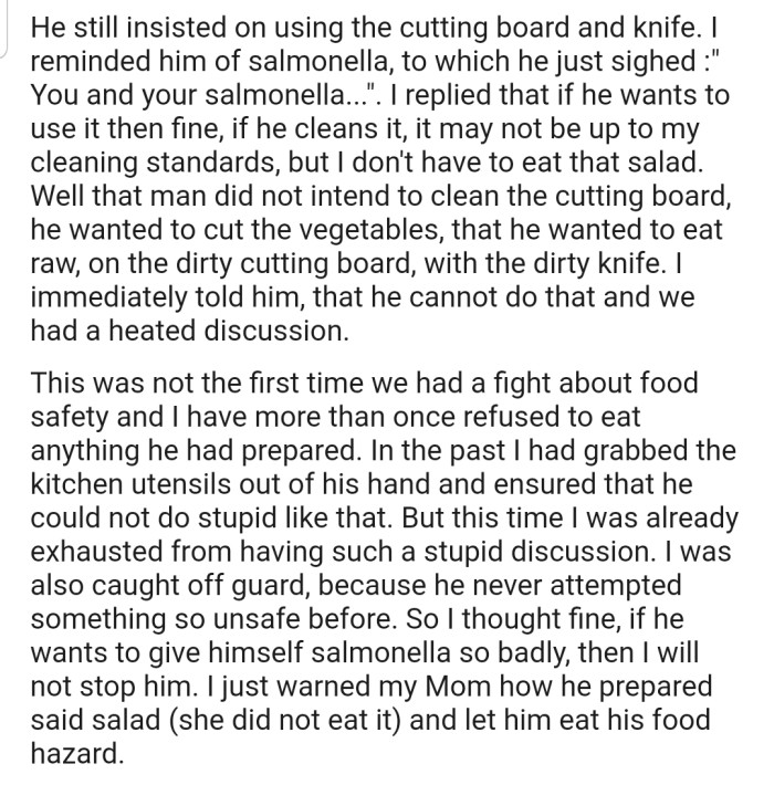 Despite the warnings about food safety, OP's mom's boyfriend consistently brushed it off